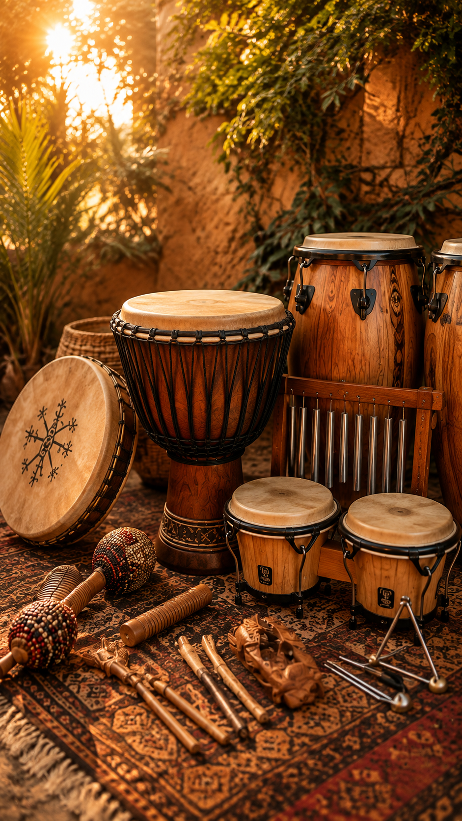 Verschiedene Trommeln und Perkussionsinstrumente — Djembe, Congas, Bongos, Rahmentrommel und Klangstäbe